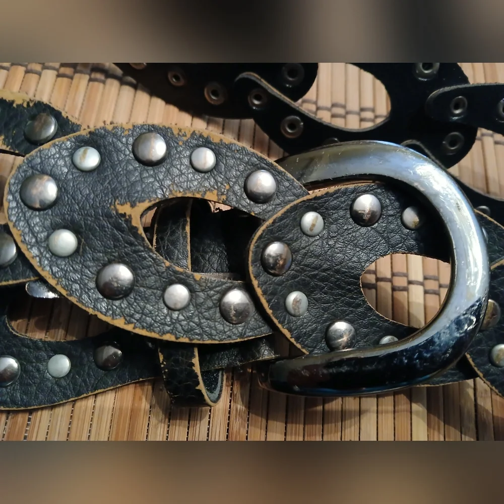 Vintage Boho Black Leather Studded Chain Belt - Picture 2 of 2